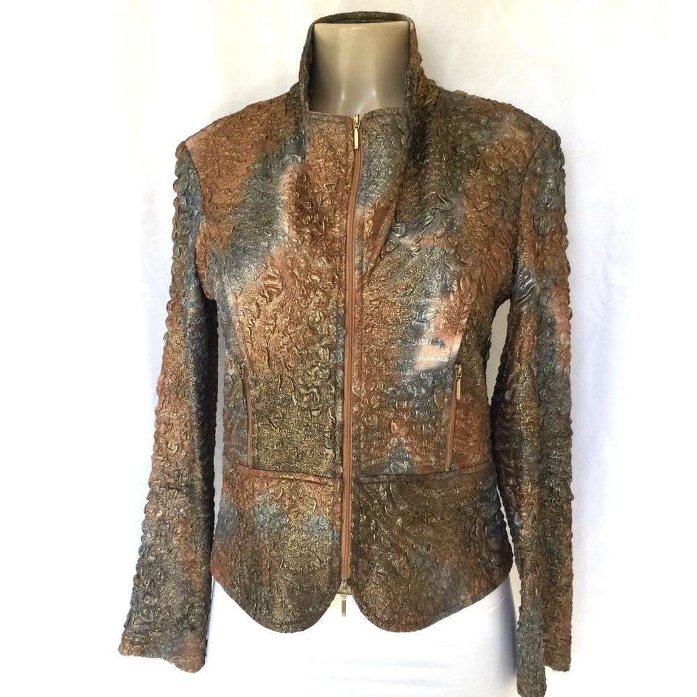 Joseph Ribkoff Jacket Blazer Gold Crinkle Ruched 8 - Picture 6 of 8